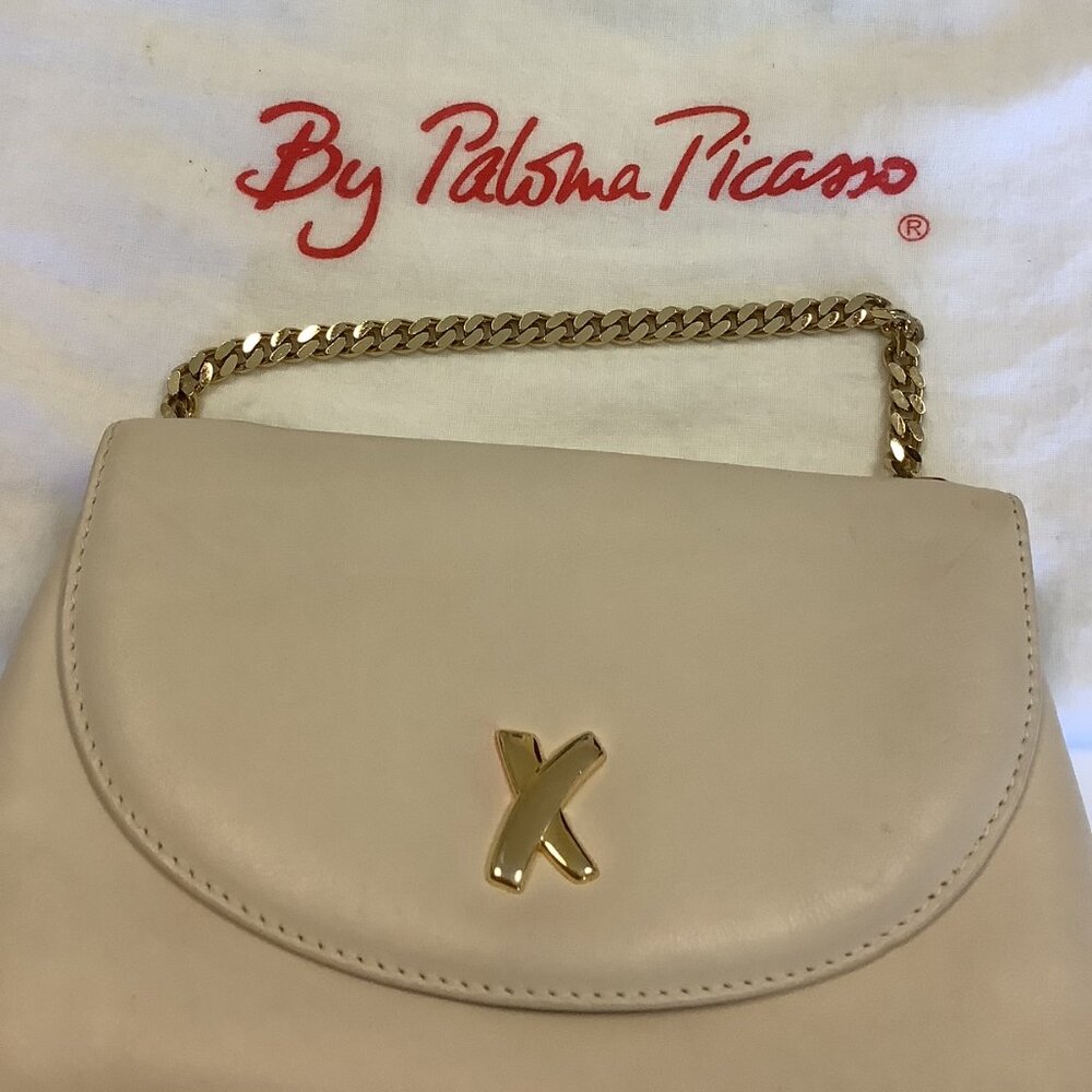 Paloma Picasso Small Crema Leather Shoulder Bag with Gold Chain